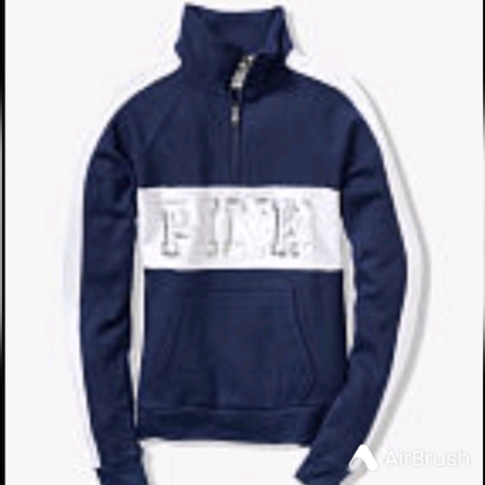 PINK VS Quarter Zip Sequin Logo 💎 Sweatshirt HTF Navy Blue & White Striped 😍